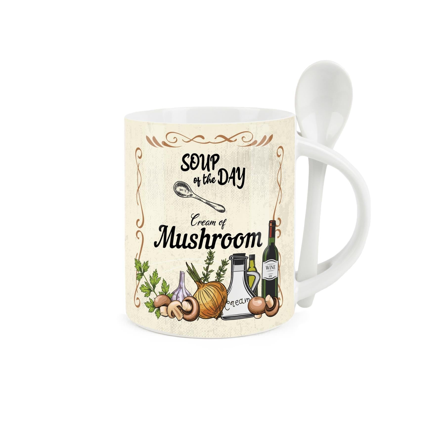 Mug & Spoon Set with soup of the day design 