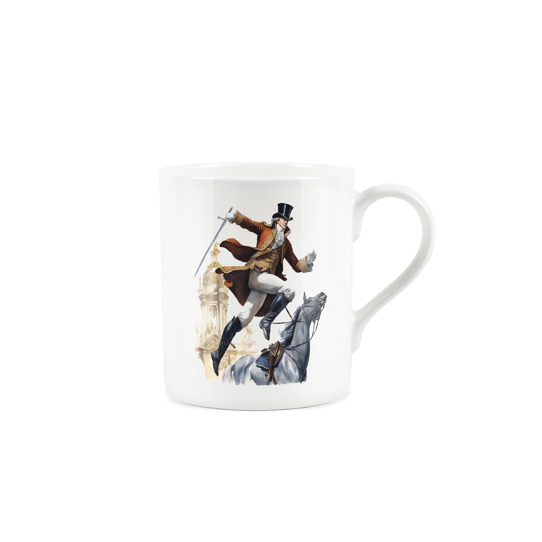 White bone china mug of regally dressed man jumping from his horse 