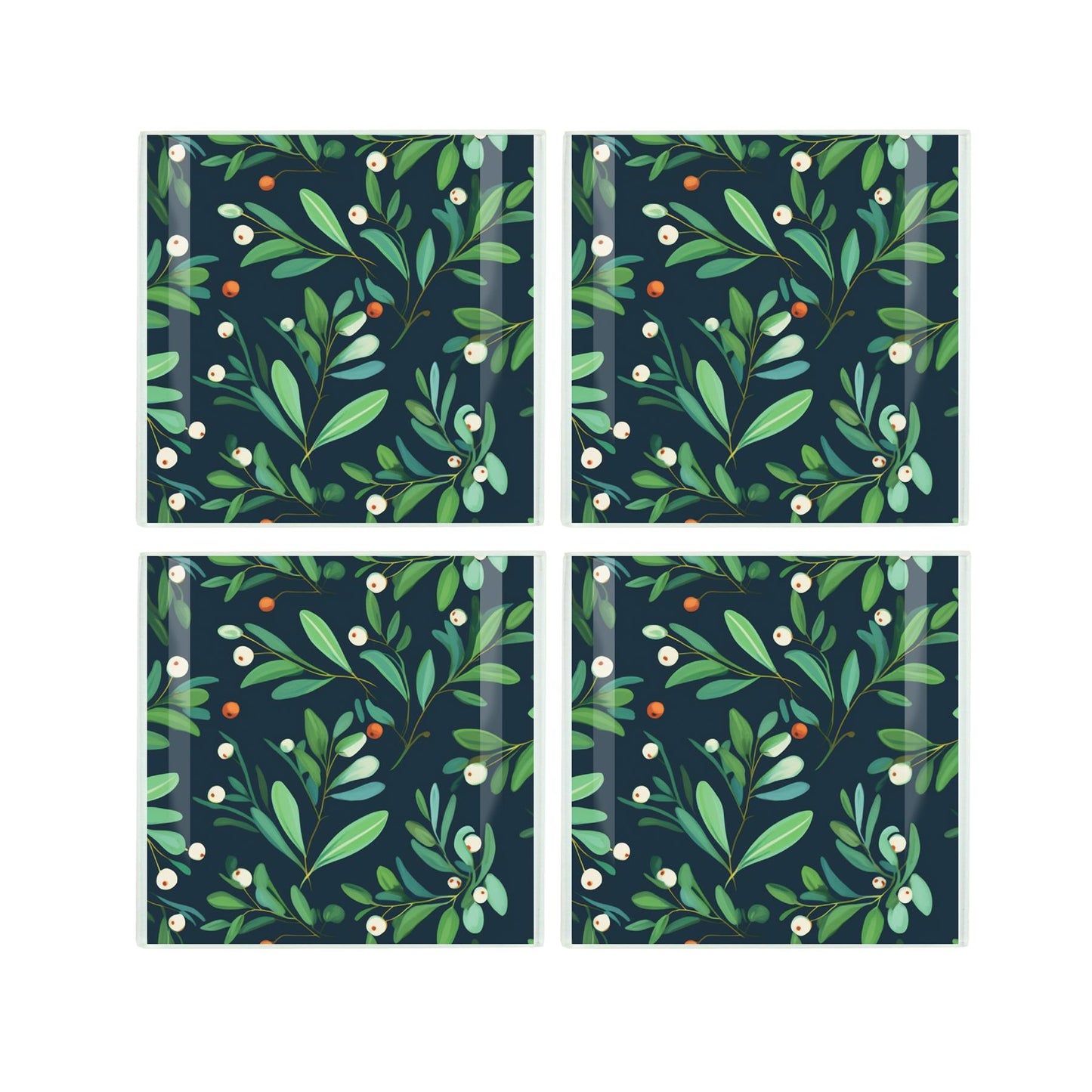 Set of four tempered glass coasters featuring vibrant botanical mistle toe designs
