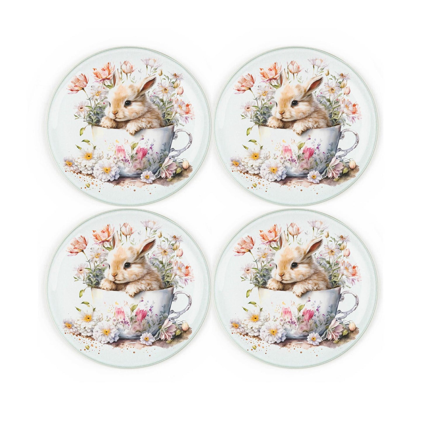 Four round tempered glass coasters featuring cute bunny in teacup design