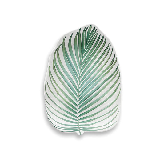 White leaf shaped melamine platter with printed green leaf design