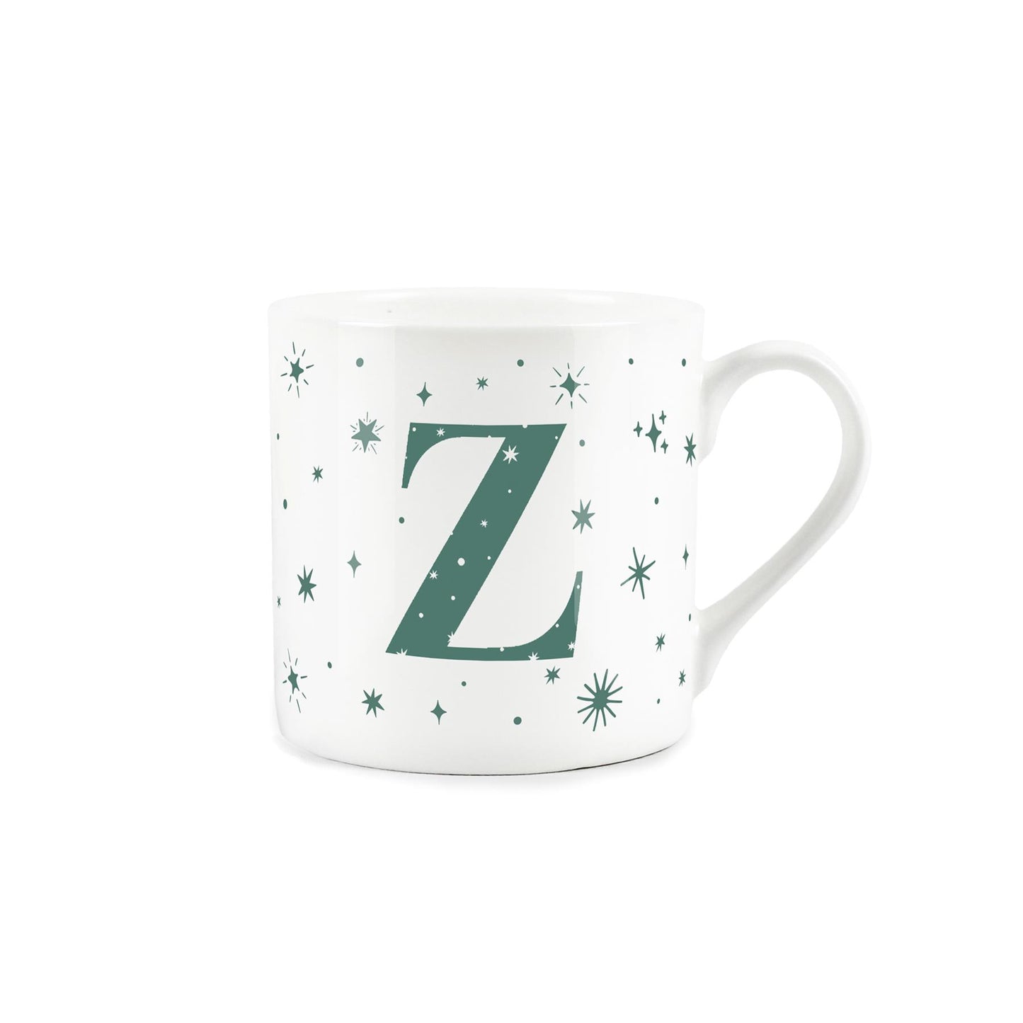 White bone china mug with green stars and letter 'Z' alphabet design 