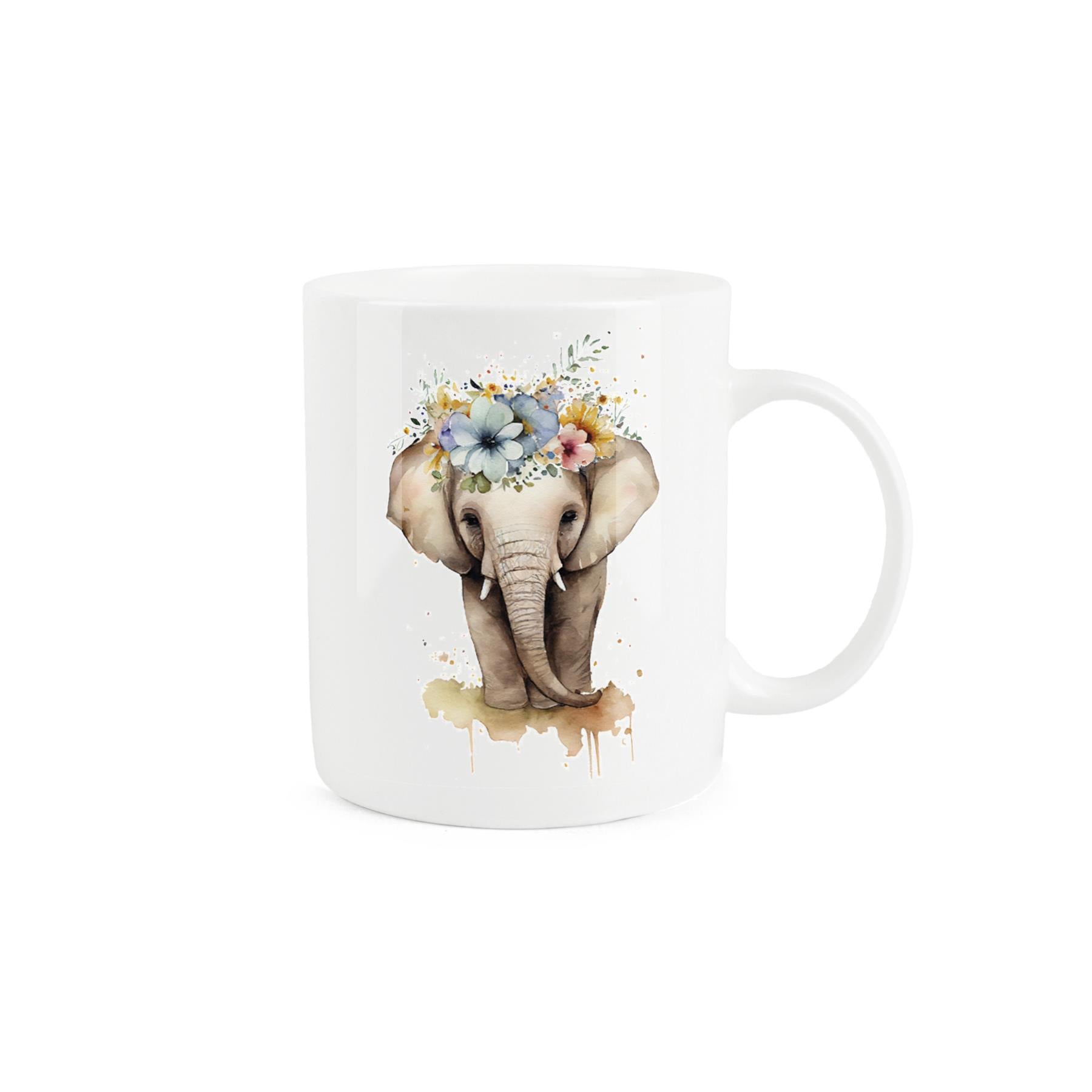 White bone china mug featuring adorable elephant design with a crown of flowers. 