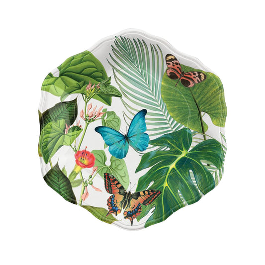 White melamine plater with jungle design featuring jungle leaves, flowers and butterflies 