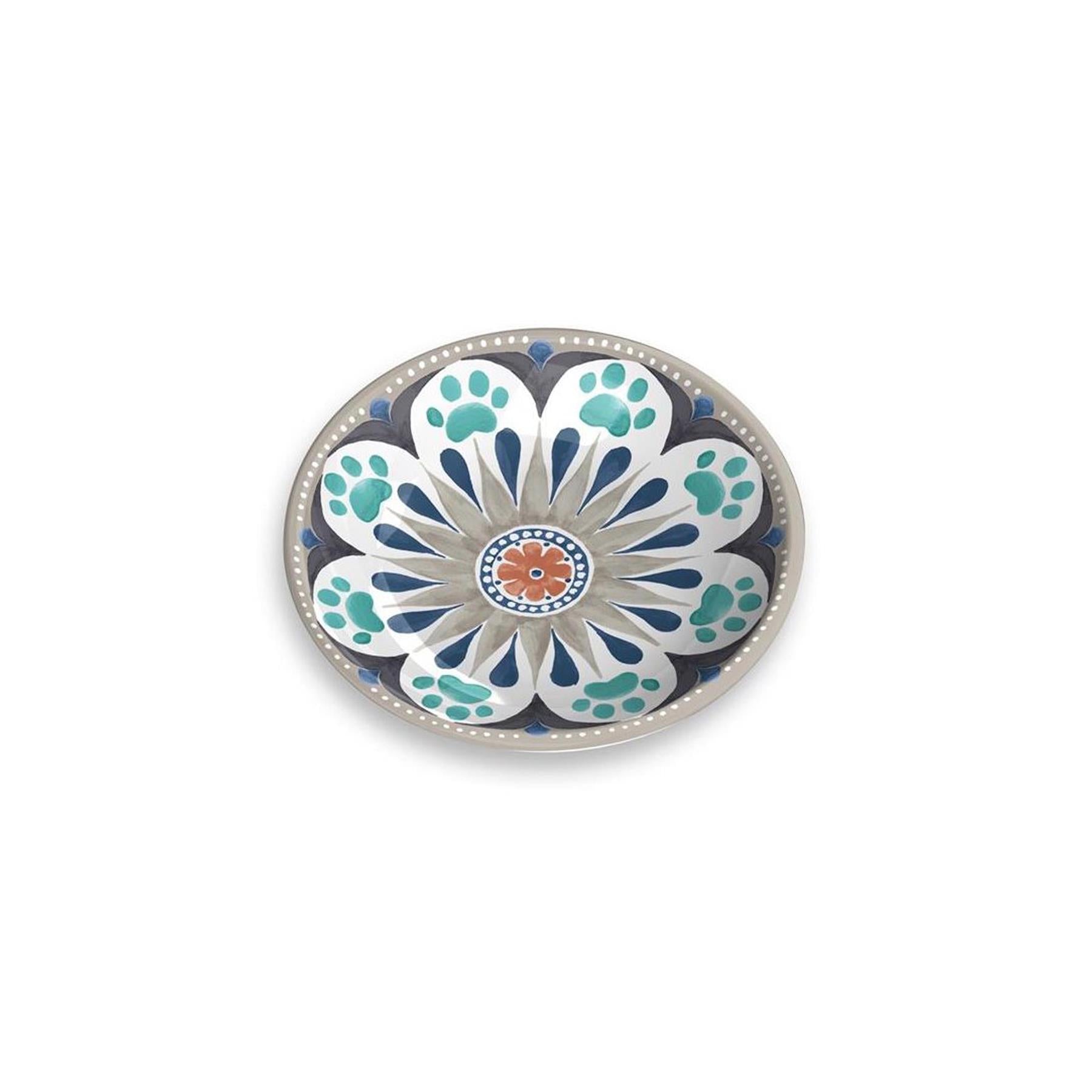 Lightweight melamine saucer with grey, navy, and teal flower design. Dishwasher safe, break resistant, with non-skid silicone base.