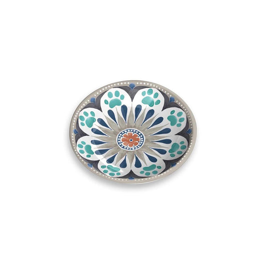 Lightweight melamine saucer with grey, navy, and teal flower design. Dishwasher safe, break resistant, with non-skid silicone base.
