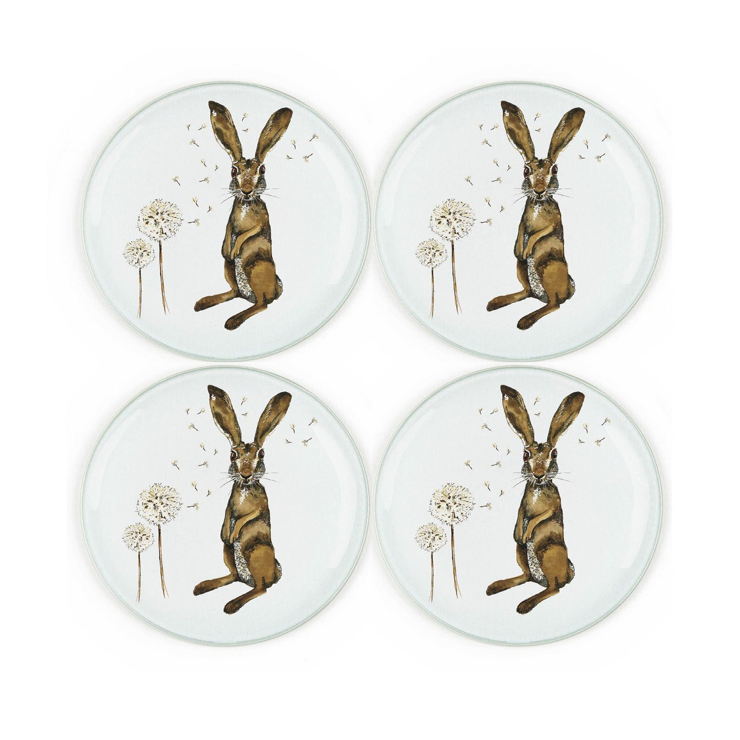 Set of four round costers featuring water colour hare and dandelion being blown in the wind