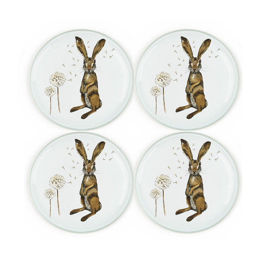 Set of four round costers featuring water colour hare and dandelion being blown in the wind