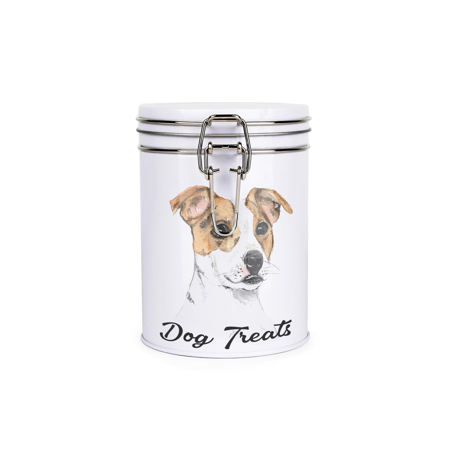 White tinplate canister with metal clip and lid featuring the face of a Jack Russell with the caption 'Dog Treats'