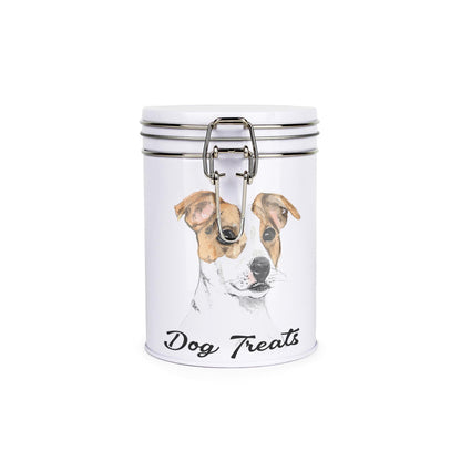 White tinplate canister with metal clip and lid featuring the face of a Jack Russell with the caption 'Dog Treats'