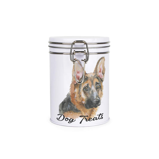 Metal canister with a metal clip and lid featuring a delicate daffodil print with butterflies and dragonflies and tea text