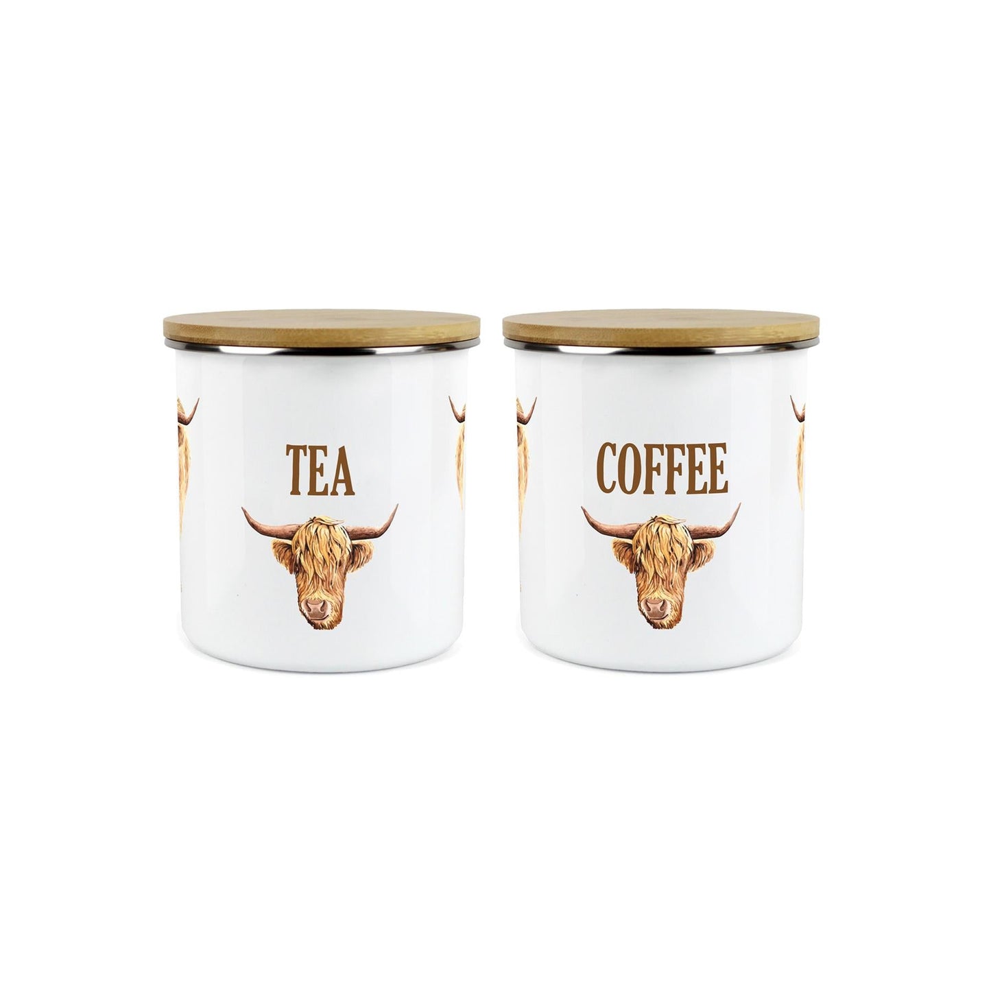 Tea & Coffee Highland Cow Storage Canisters - 2x Enamel Kitchen Storage Jar