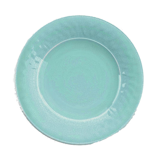 Turquoise melamine dinner plate with crackle glaze finish. 