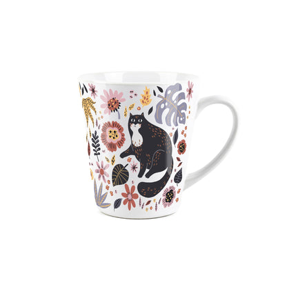 Small white latte mug featuring boho cat design 