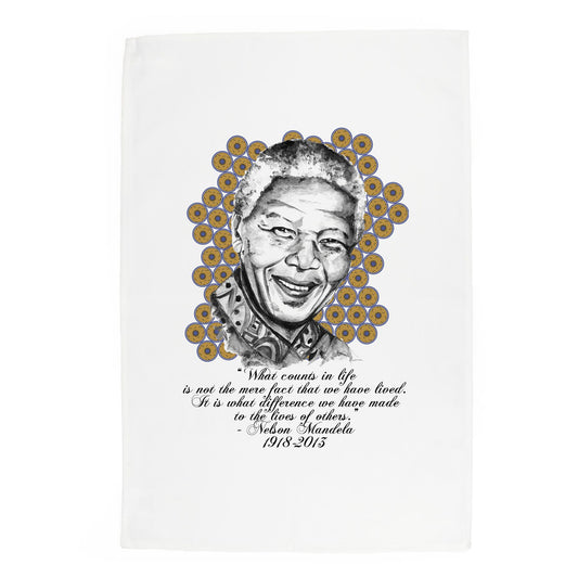 Watercolour depiction of Nelson Mandela on patterned background with famous quote on white cotton kitchen towel