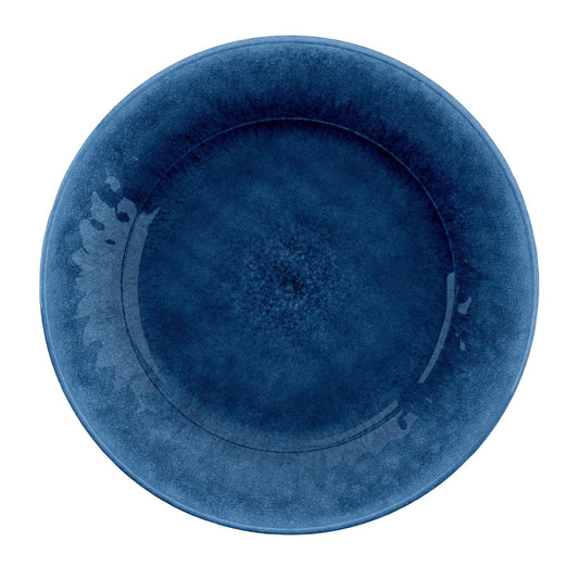 Indigo Melamine dinner plate with cracked reactive glaze finish and smooth interior