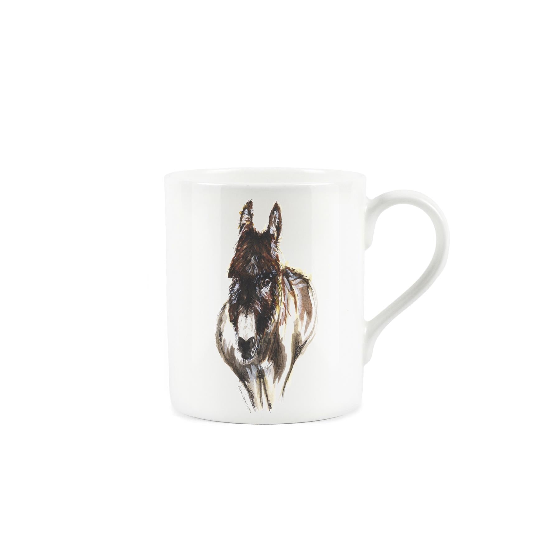 Watercolour painting of drown donkey on a white bone china mug 