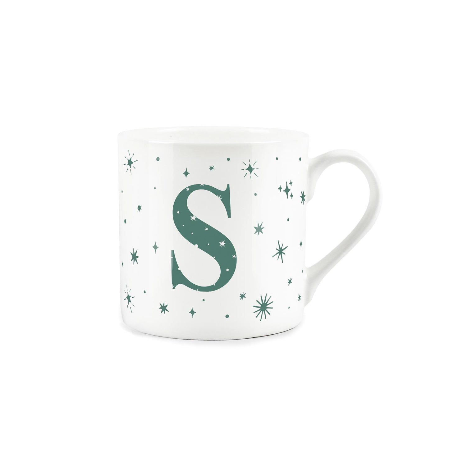White bone china mug with green stars and letter 'S' alphabet design 