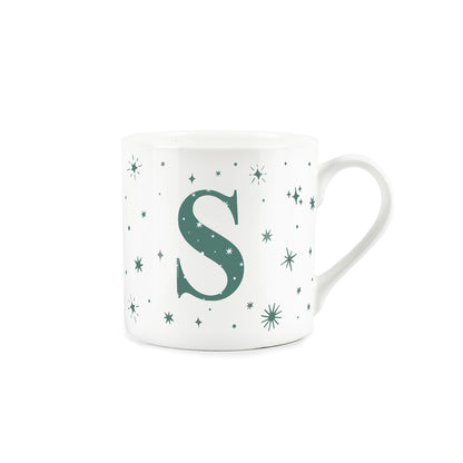 White bone china mug with green stars and letter 'S' alphabet design 