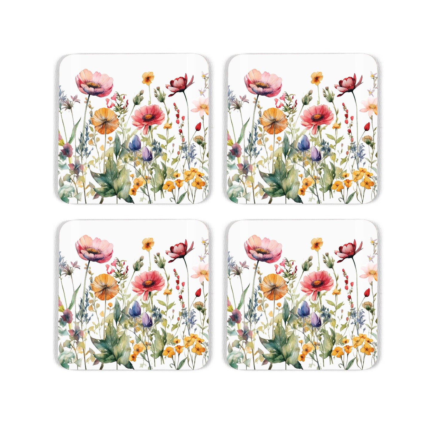 Watercolour depictions of wildflowers on set of four white cork coasters