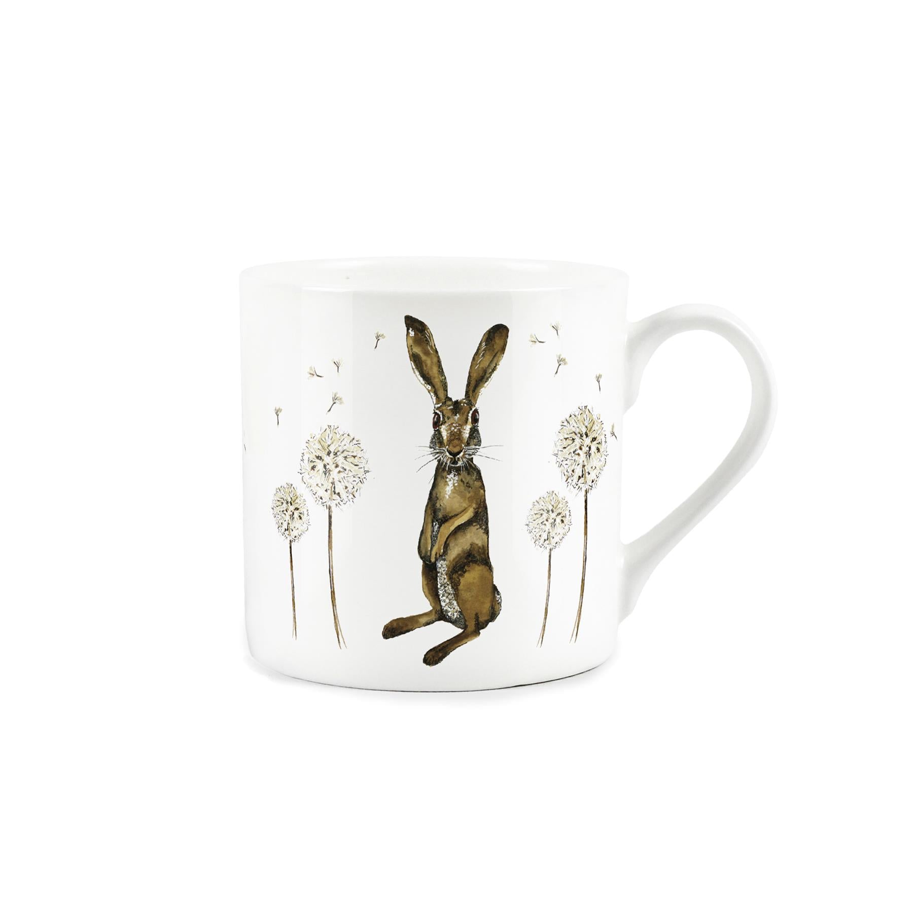 White mug featuring hares and dandelions design 
