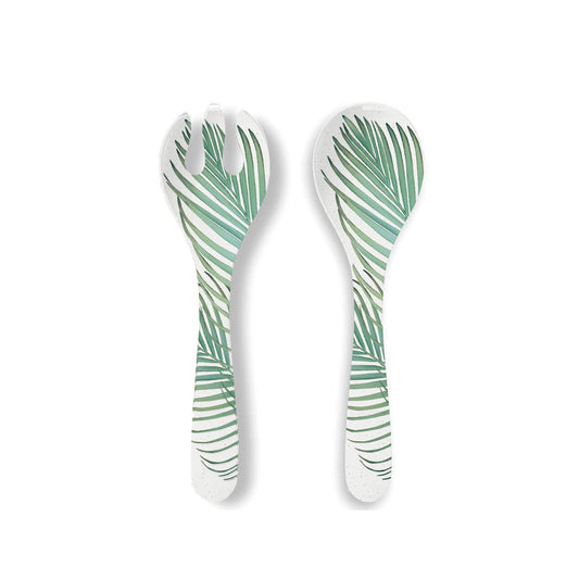 Set of white melamine salad server featuring green leaf patterns printed on surface