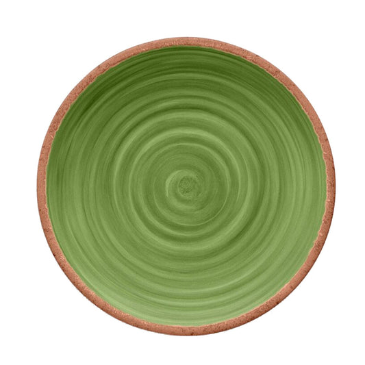 Melamine dinner plate featuring vibrant green swirl design and terracotta rim