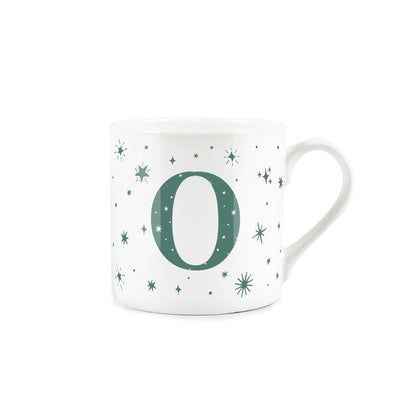 White bone china mug with green stars and letter 'O' alphabet design 