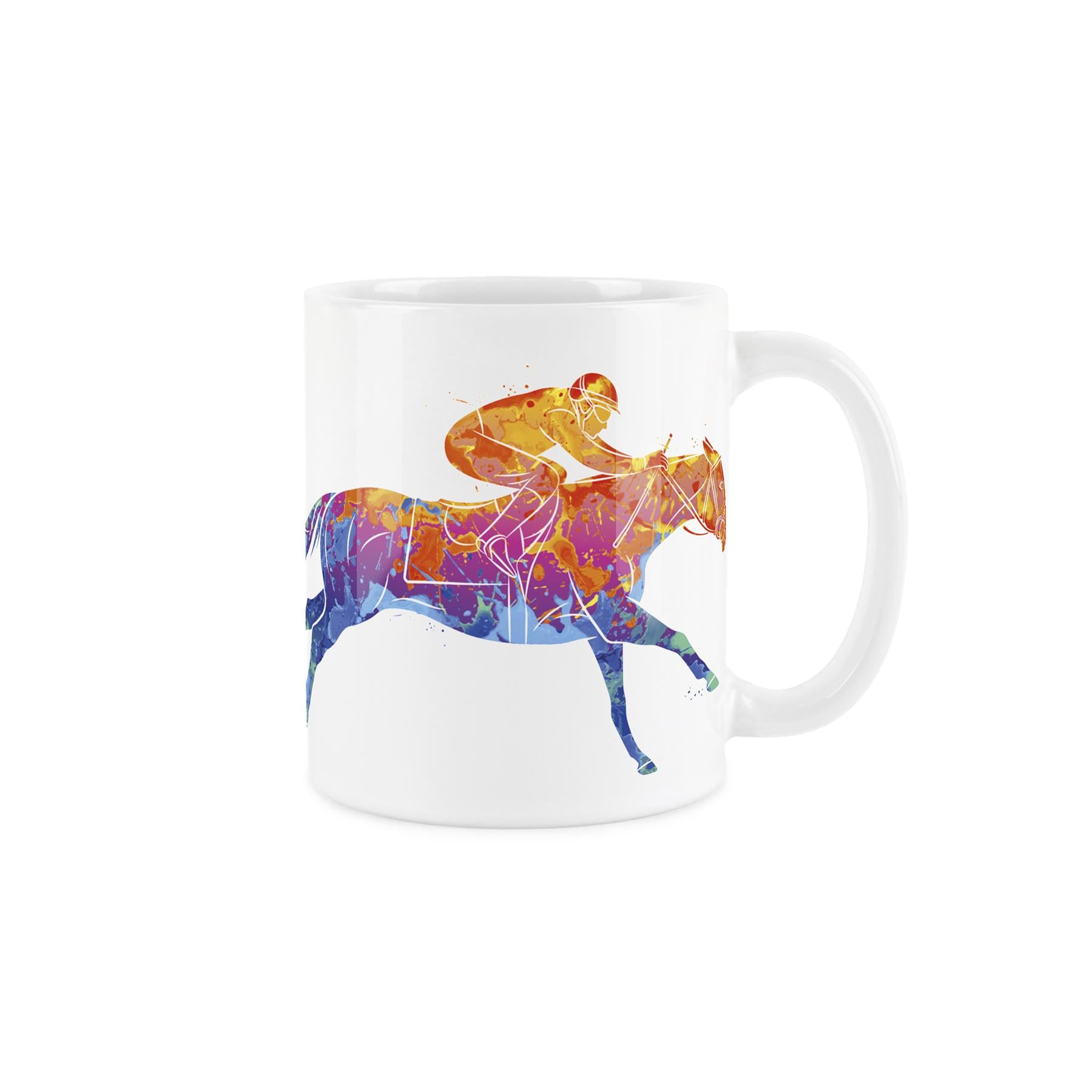 White ceramic mug featuring vibrant, paint-splattered depiction of people playing boxing