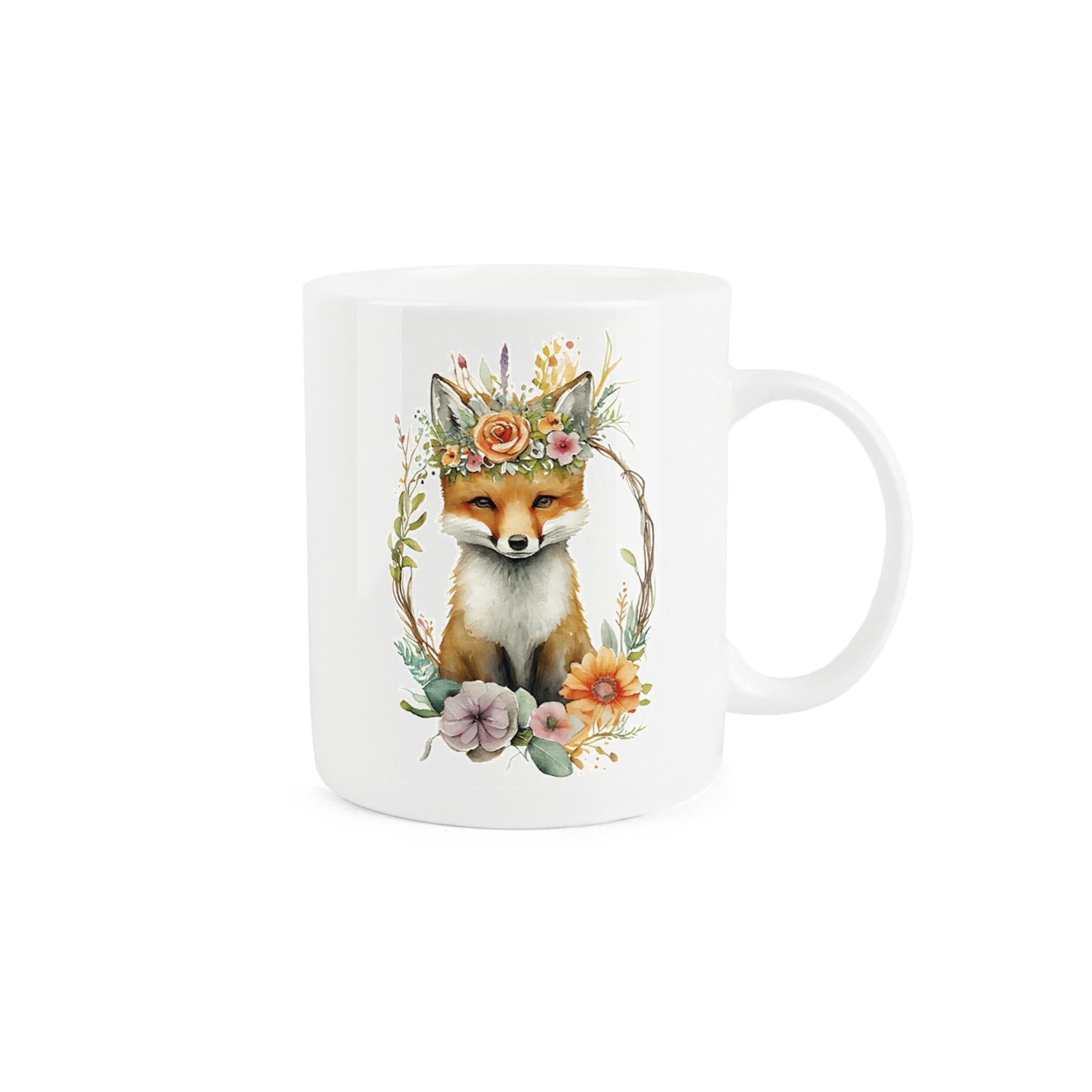 White bone china mug featuring adorable fox design with a crown of flowers. 