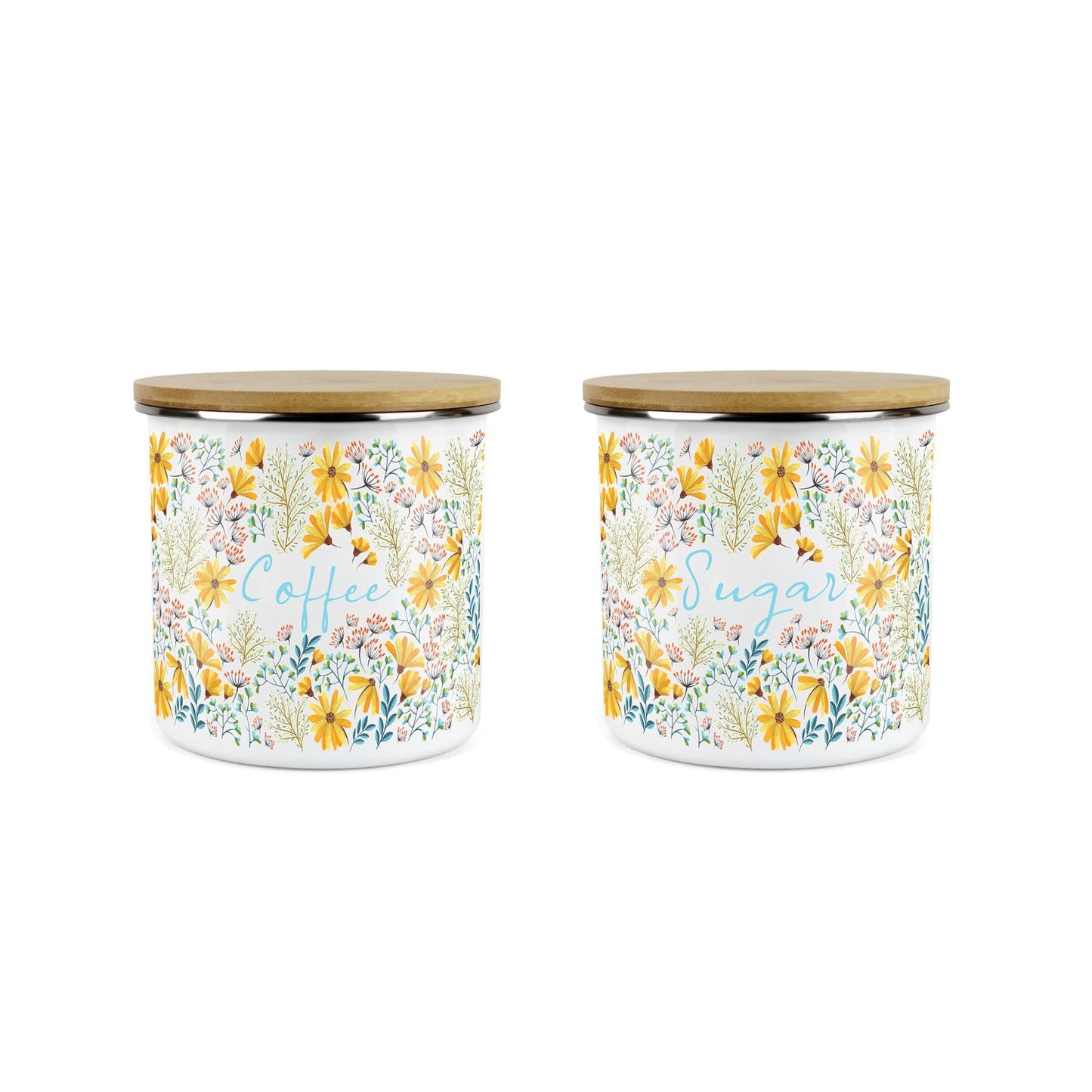 Coffee & Sugar Storage Canisters - 2x Floral Daisies Enamel Kitchen Container