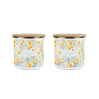 Coffee & Sugar Storage Canisters - 2x Floral Daisies Enamel Kitchen Container