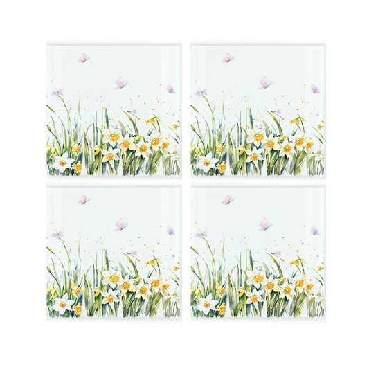 Spring Time Daffodils Square Glass Coasters