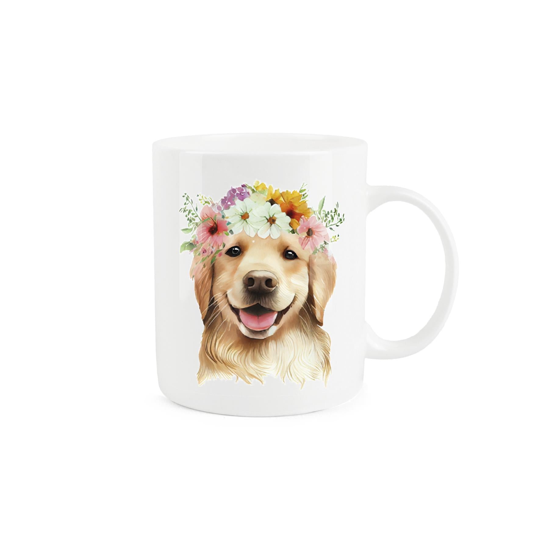 White bone china mug featuring adorable golden retriever dog design with a crown of flowers. 