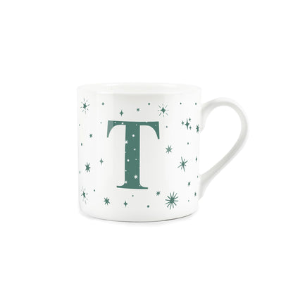 White bone china mug with green stars and letter 'T' alphabet design 