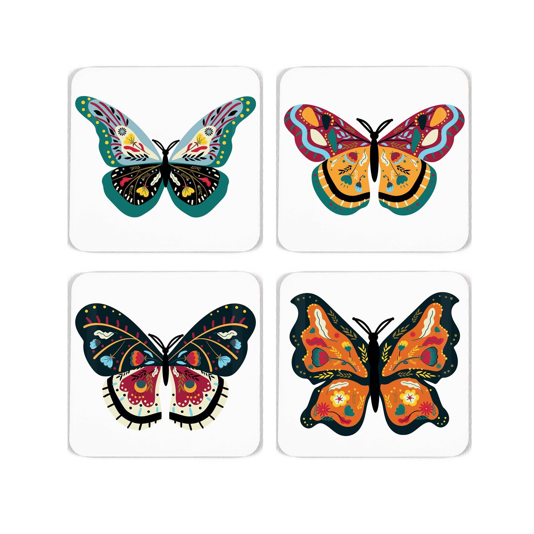 Four square cork coasters with four colourful depictions of different butterfly species