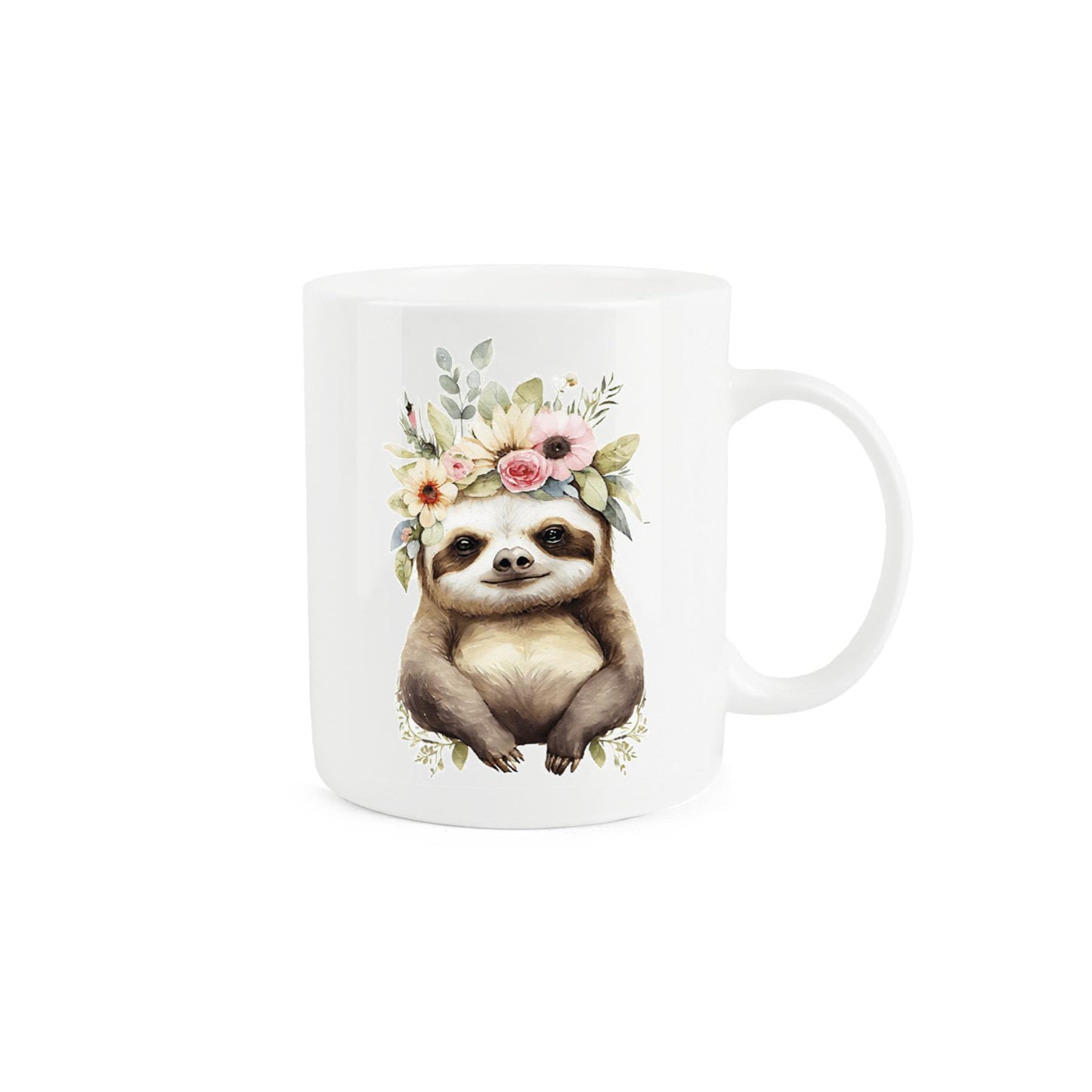 White bone china mug featuring adorable sloth design with a crown of flowers. 