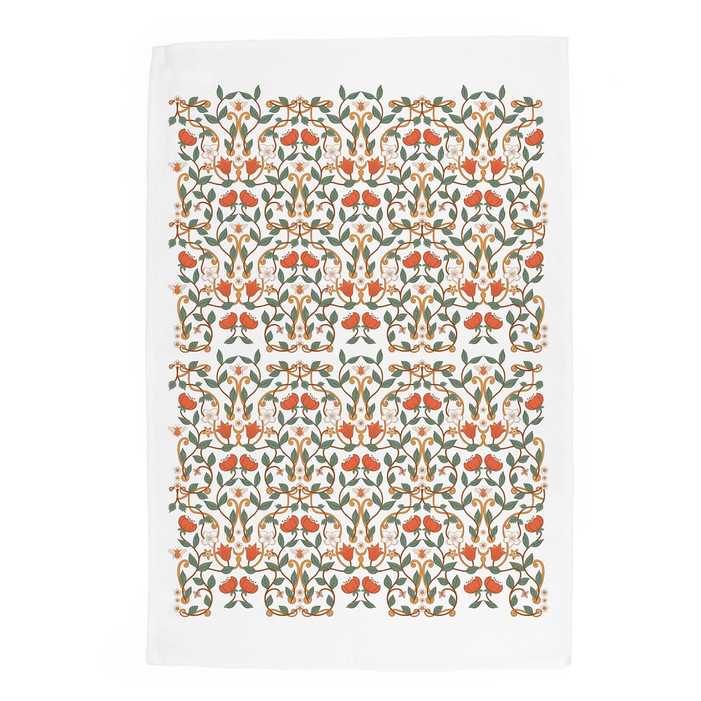 Intricate floral orange flower & green leaf design on a white panama cotton kitchen towel