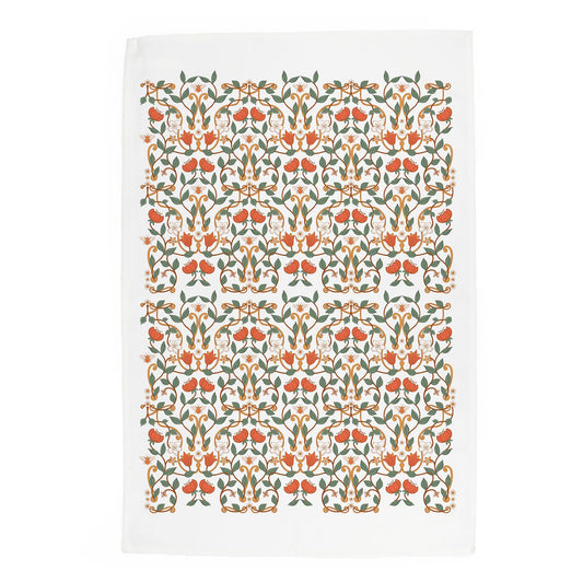 Intricate floral orange flower & green leaf design on a white panama cotton kitchen towel
