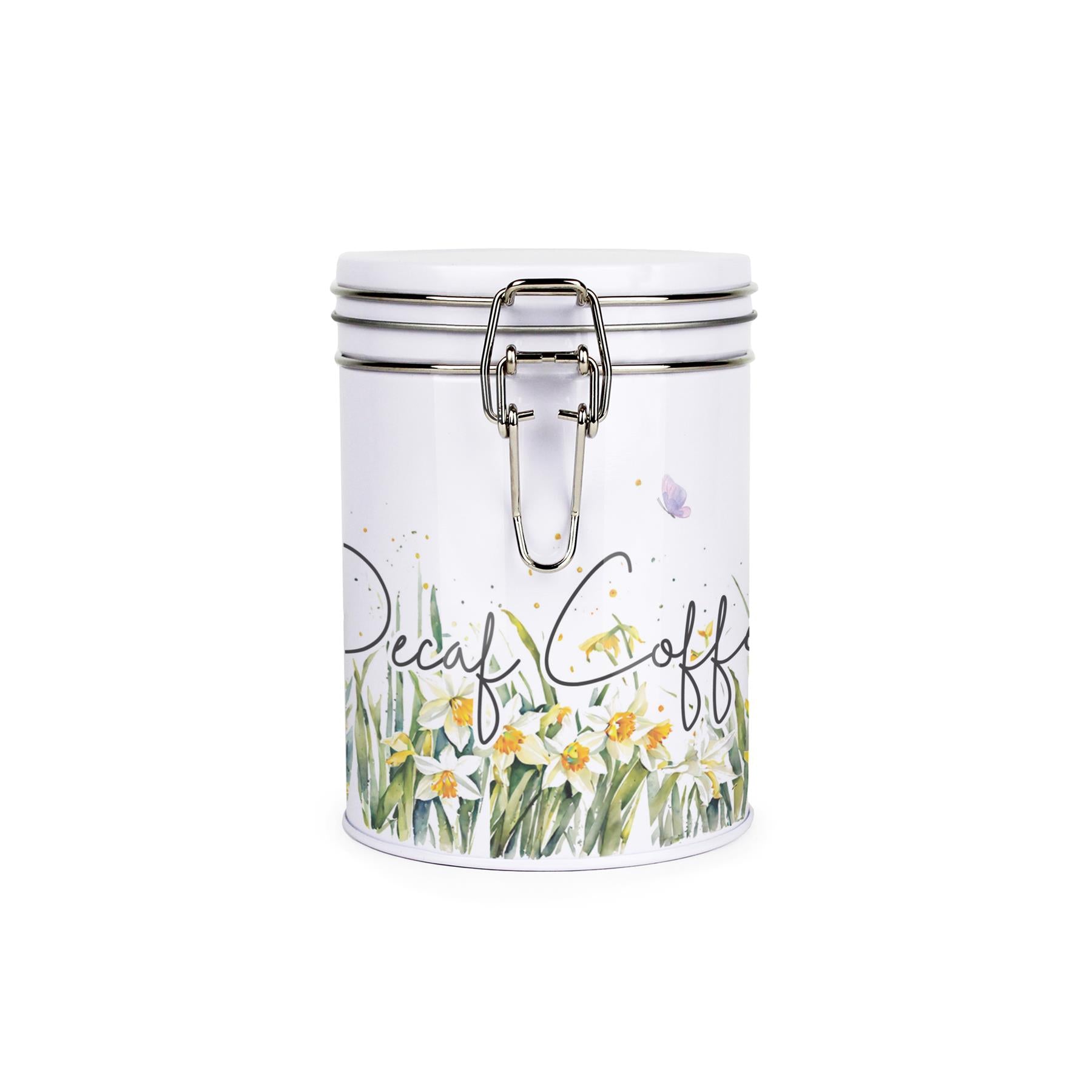 Metal canister with a metal clip and lid featuring a delicate daffodil print with butterflies and dragonflies and decaf text