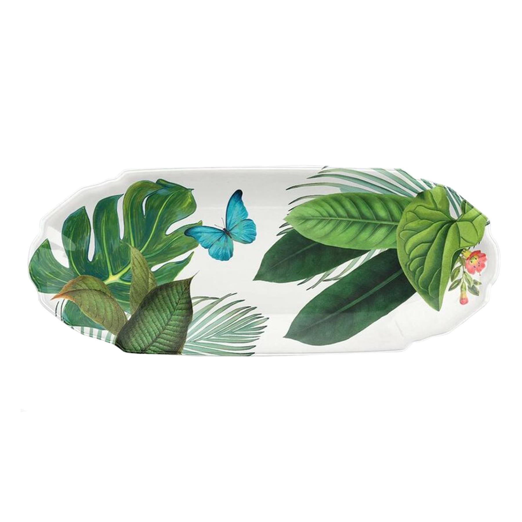 long ovular appetiser tray with painted depictions of jungle leaves, flowers, and butterflies printed onto the surface