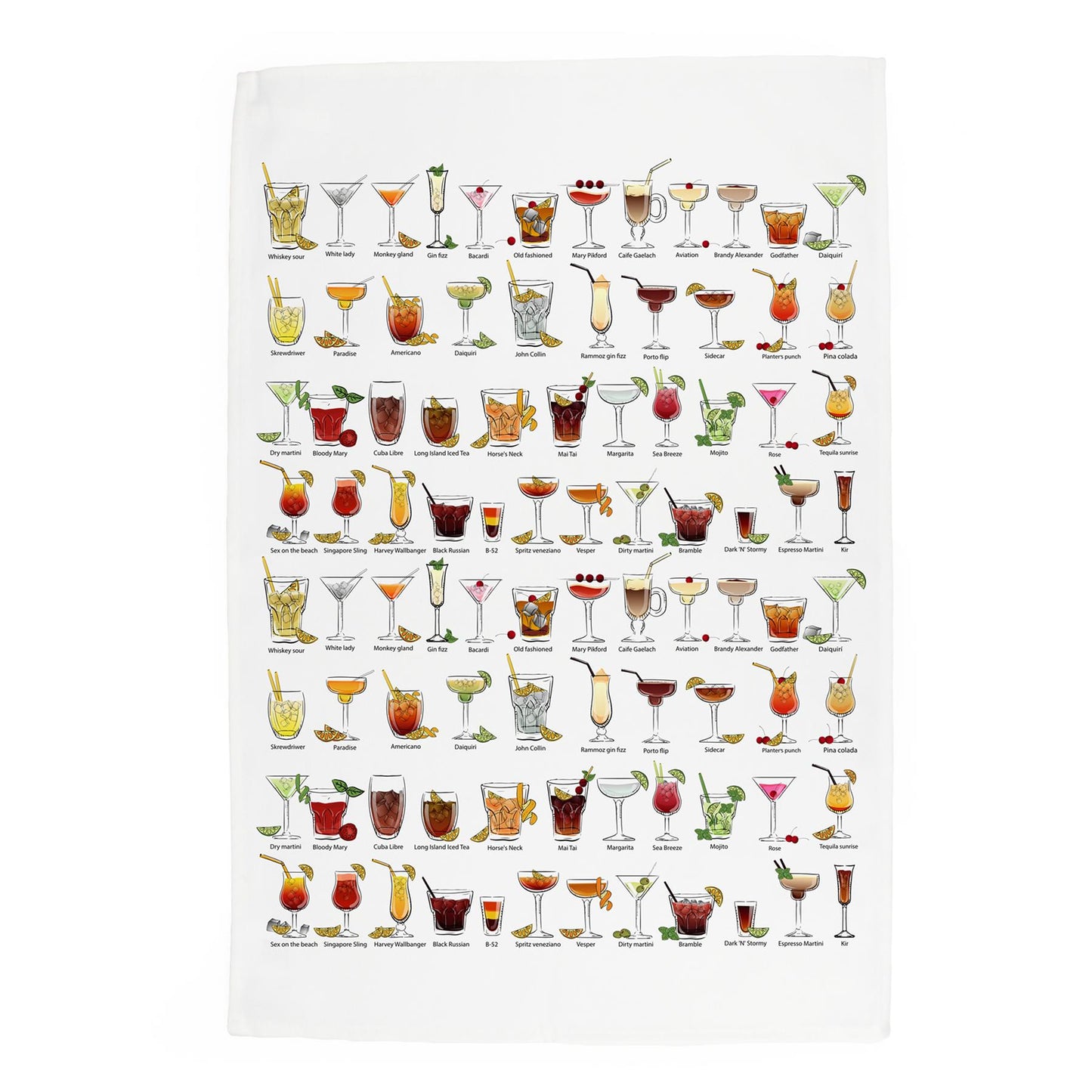 Design featuring various illustrations of cocktails & their names printed on a white panama cotton kitchen towel 