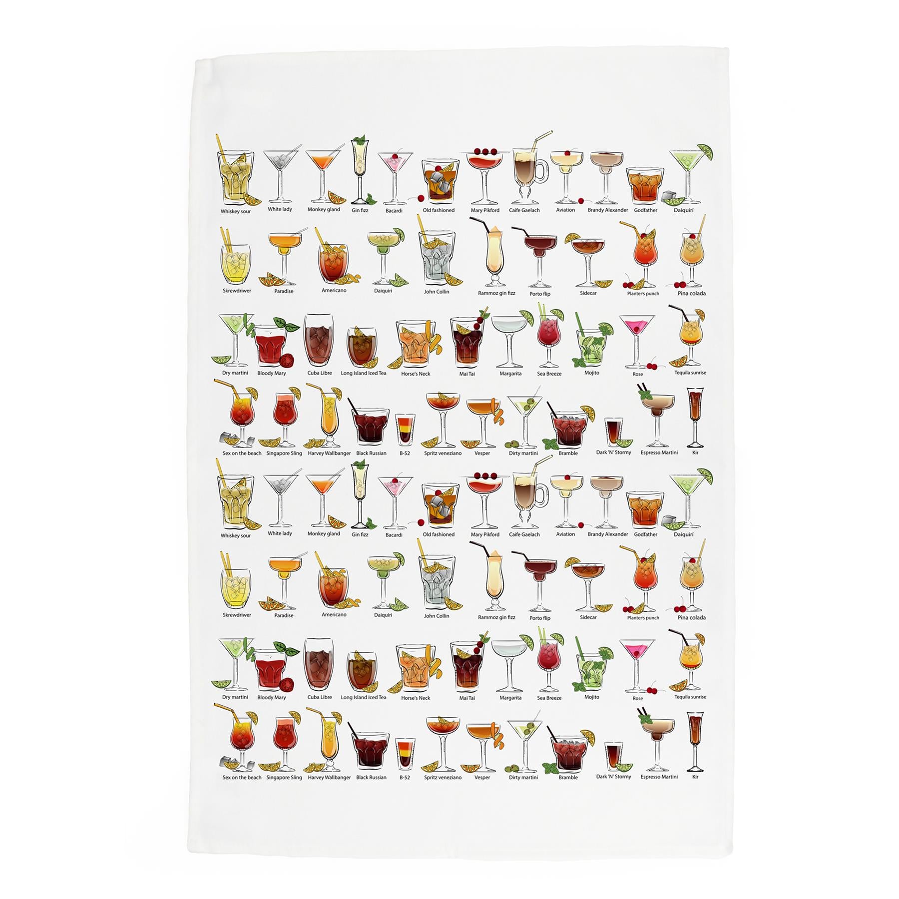 Design featuring various illustrations of cocktails & their names printed on a white panama cotton kitchen towel 