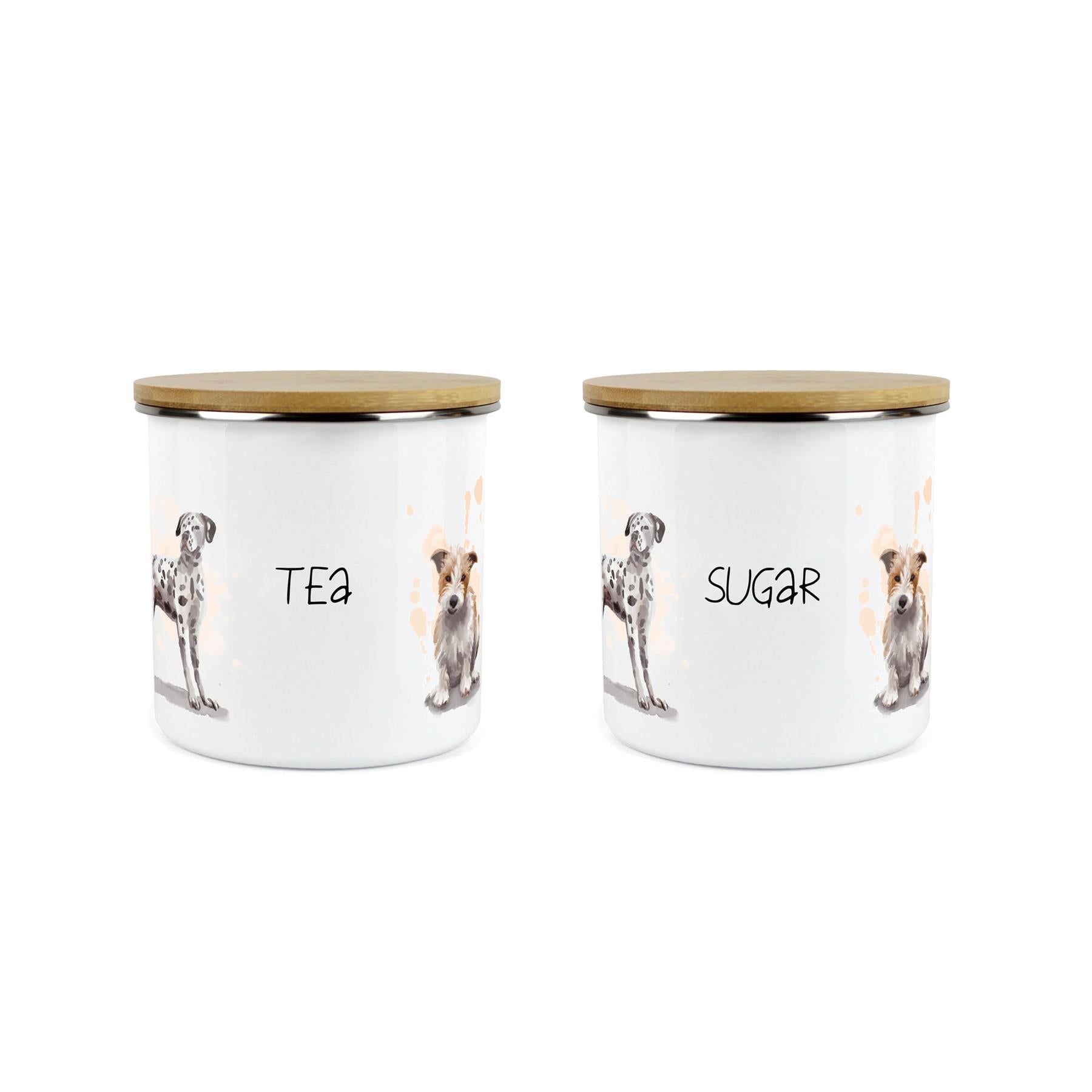 Tea & Sugar Storage Canister - 2x Dogs Kitchen Enamel Metal Storage Jar