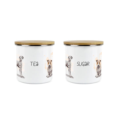 Tea & Sugar Storage Canister - 2x Dogs Kitchen Enamel Metal Storage Jar