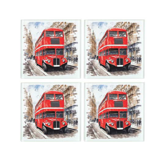 Double Decker London Bus Square Glass Coasters