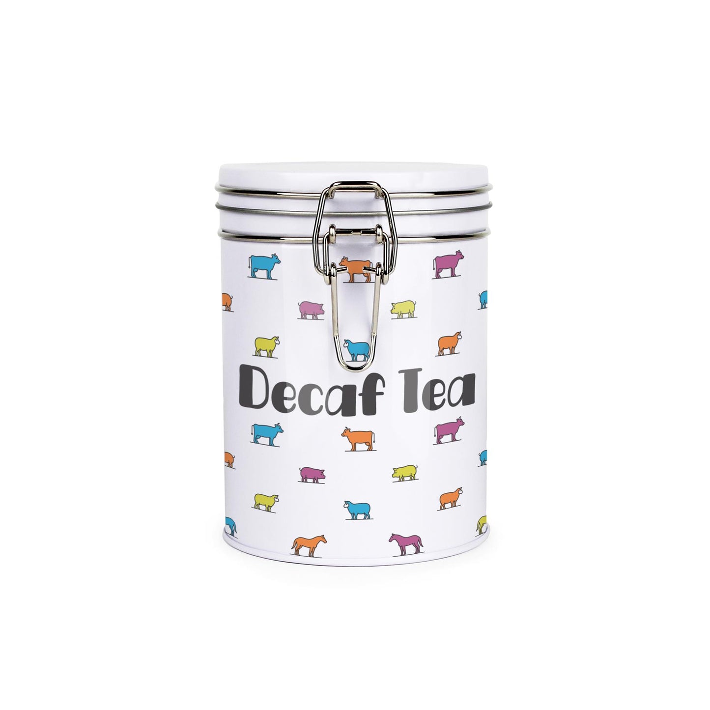 White tinplate canister with metal clip and lid featuring a colourful farm animal design and decaf tea text