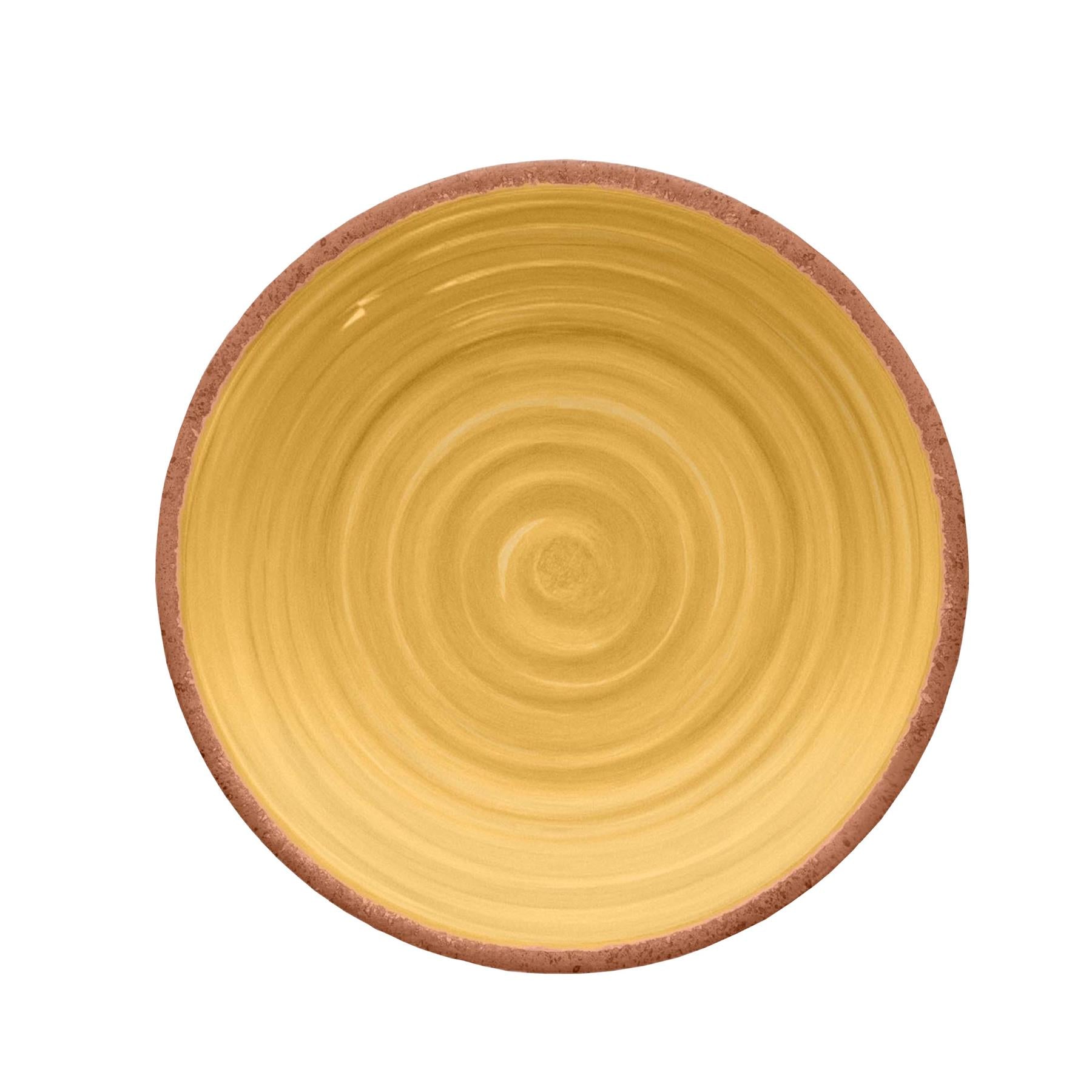 Melamine side plate featuring vibrant yellow swirl design and terracotta rim