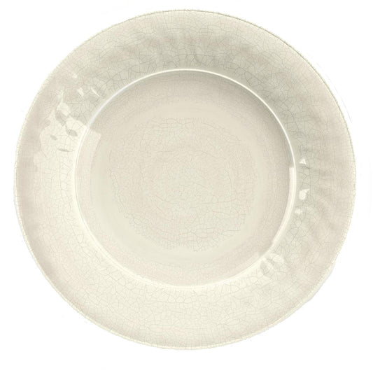 White melamine dinner plate with crackle glaze finish. 