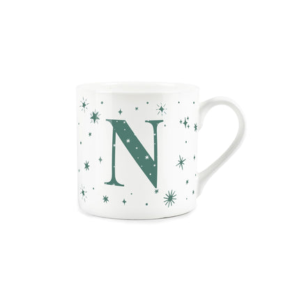 White bone china mug with green stars and letter 'N' alphabet design 
